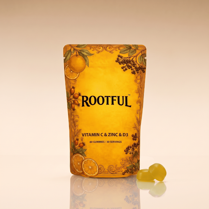 ROOTFUL Vitamina C, Zinc și D3, jeleuri, punga pe fundal crem