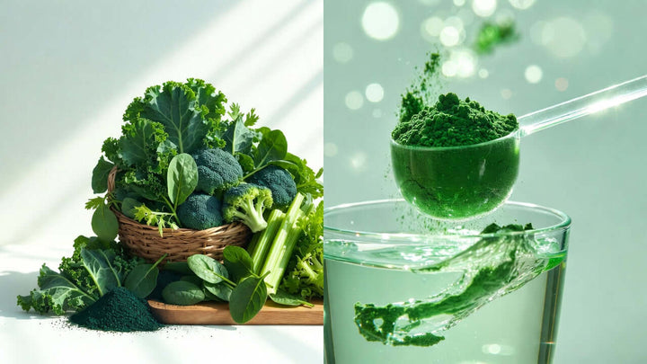 green vegies on the left and superblend scoop on the right