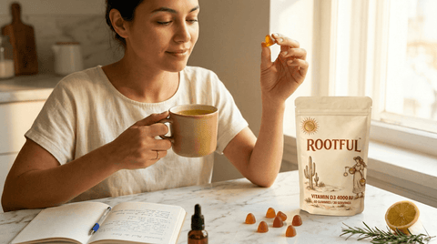 woman eating a d3 gummie and sipping coffee