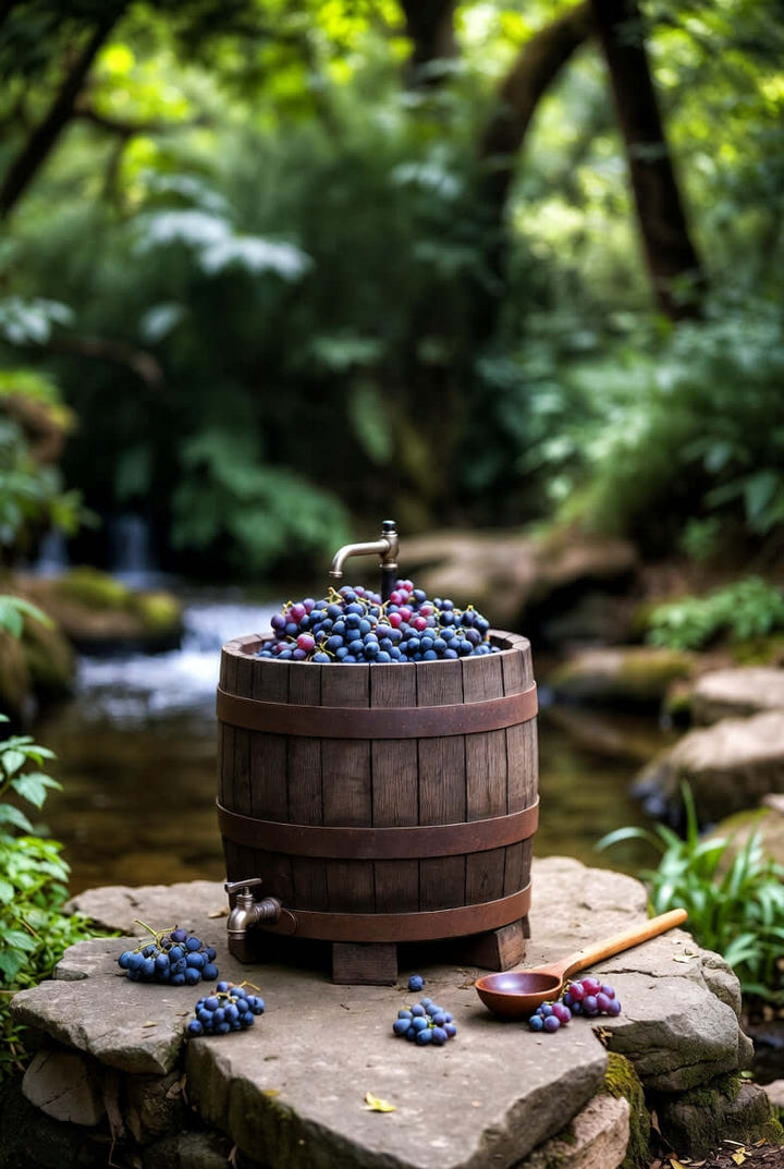 barrel with berries in a forest backround