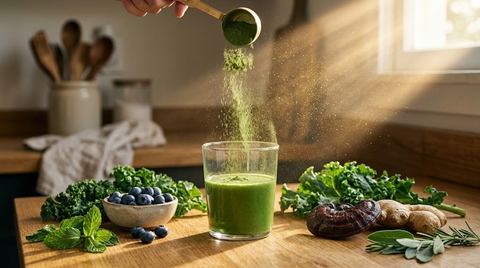 greens powder in a glass of water, vegetables around it