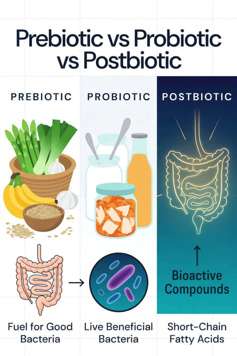 prebiotic vs probiotic vs postbiotic illustration side by side