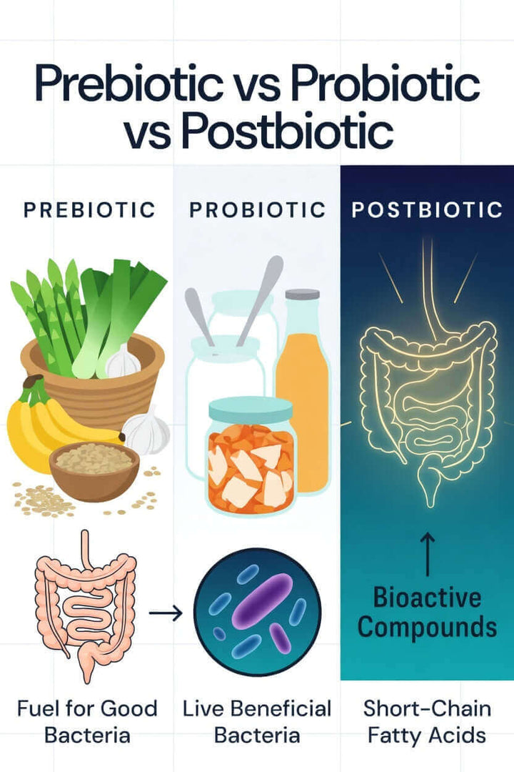 prebiotic vs probiotic vs postbiotic illustration side by side