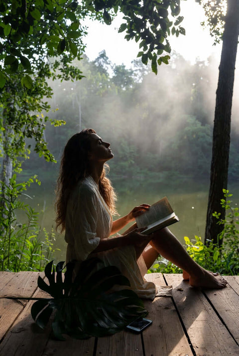 woman reading a book on a wodden floor with a forest backround