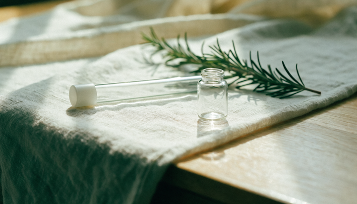 Valori normale vitamina D: o eprubetă de recoltare goală și o fiolă de sticlă așezate pe o pânză de in, lângă o crenguță de rozmarin.