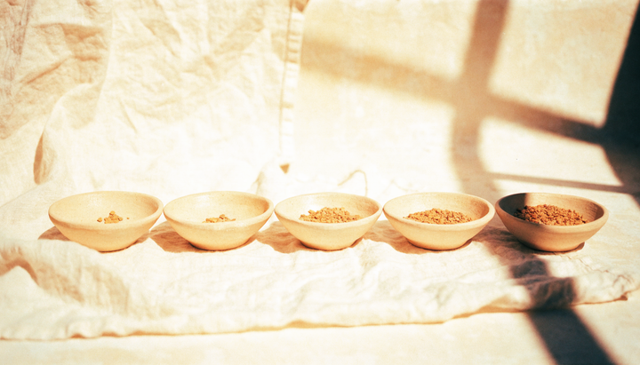 Vitamine pentru copii la început de școală: cinci boluri de ceramică așezate în șir pe in, fiecare cu o cantitate diferită de granule chihlimbarii