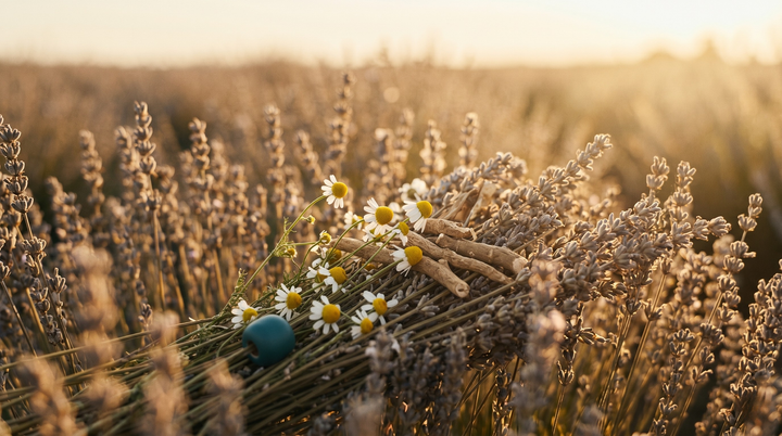 Cinematic close-up of dried lavender, chamomile, and ashwagandha root in a golden-hour field with ethereal sunlight and a single teal accent.