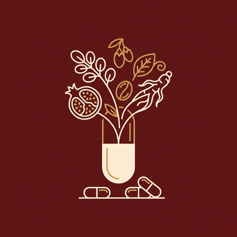 ROOTFUL essential capsules collection icon with botanical capsule blooming into moringa, pomegranate, coffee and ashwagandha ingredients on deep red background