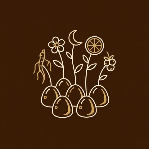 ROOTFUL gummies collection icon with botanical gummy drops and ashwagandha, apple blossom, melatonin and vitamin ingredients on dark amber background