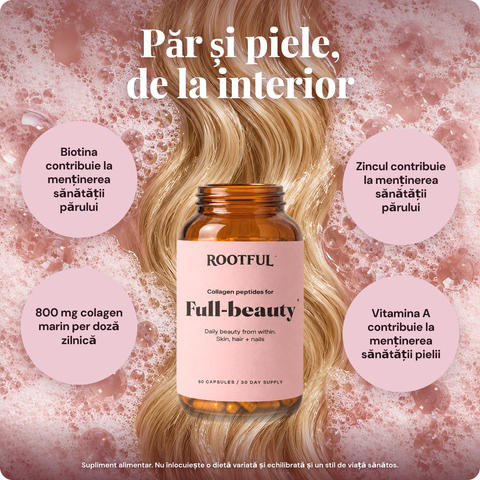 ROOTFUL Full-beauty pe par blond si spuma roz: biotina si zinc pentru par, vitamina A pentru piele, 800 mg colagen marin