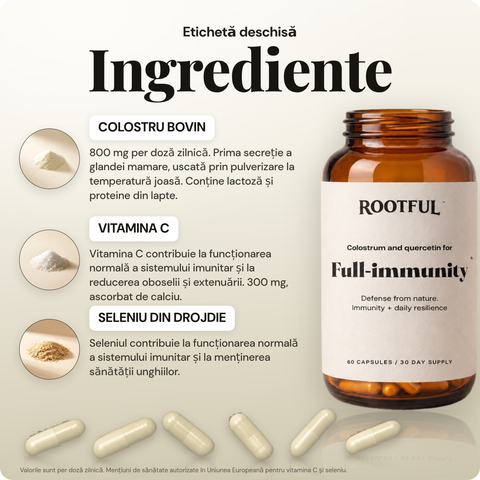 ROOTFUL Full-immunity, ingrediente: colostru bovin 800 mg, vitamina C 300 mg, seleniu din drojdie