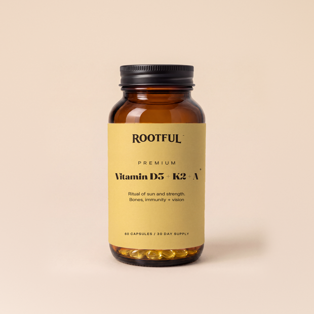 ROOTFUL Vitamin D3 + K2 + A, flacon de sticla ambra, eticheta aurie, 60 capsule / 30 day supply