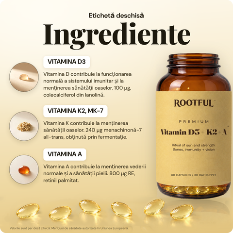 ROOTFUL Vitamin D3 + K2 + A, ingrediente: vitamina D3 50 ug, vitamina K2 MK-7 100 ug, vitamina A 800 ug RE