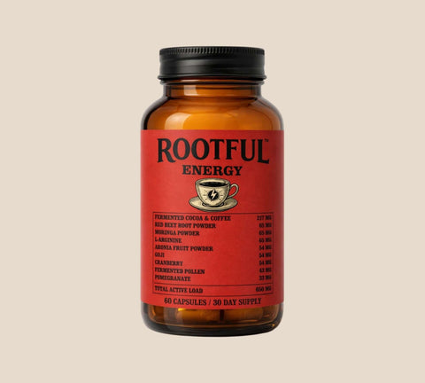 Rootful Energy capsule – Cacao Fermentată, Sfeclă și Moringa pentru energie naturală susținută