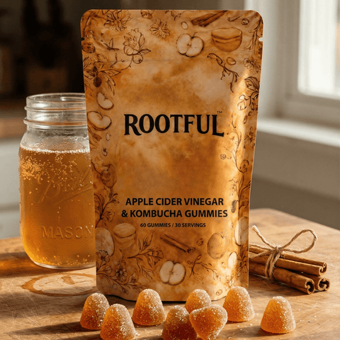 ROOTFUL ACV & Kombucha Gummies pouch next to apple cider vinegar jar and cinnamon sticks, golden gummies scattered on wooden surface