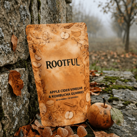 ROOTFUL Apple Cider Vinegar & Kombucha Gummies pouch outdoors against stone wall with autumn apple orchard in background