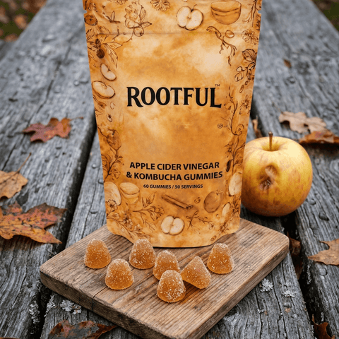 ROOTFUL ACV & Kombucha Gummies pouch on rustic wooden board with fresh apple and scattered gummies, autumn leaves