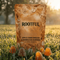 ROOTFUL Apple Cider Vinegar & Kombucha Gummies pouch in grass with golden gummies, warm natural outdoor lighting