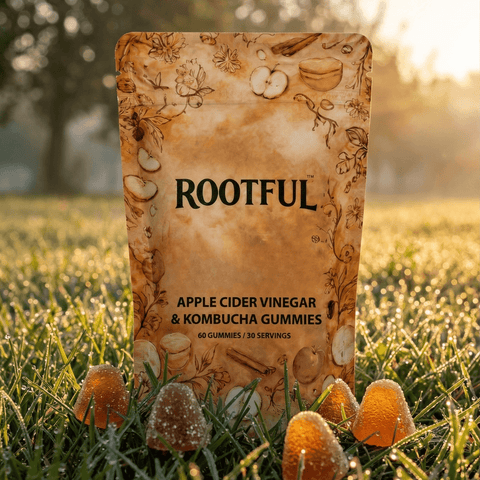 ROOTFUL Apple Cider Vinegar & Kombucha Gummies pouch in grass with golden gummies, warm natural outdoor lighting