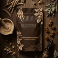 ROOTFUL Ashwagandha Gummies pouch with mortar and pestle, dried root, ashwagandha powder and gummies on dark wood surface