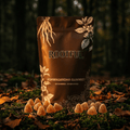 ROOTFUL Ashwagandha KSM-66 Gummies pouch on autumn forest floor surrounded by golden gummies and fallen leaves