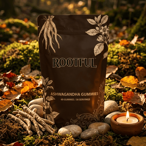 ROOTFUL Ashwagandha KSM-66 Gummies pouch on mossy ground with candle, dried flowers, turmeric and withania root – stress relief ritual