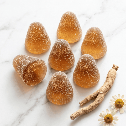 ROOTFUL Ashwagandha KSM-66 gummies close-up – golden sugar-coated gummies with dried withania root and chamomile flower on white marble