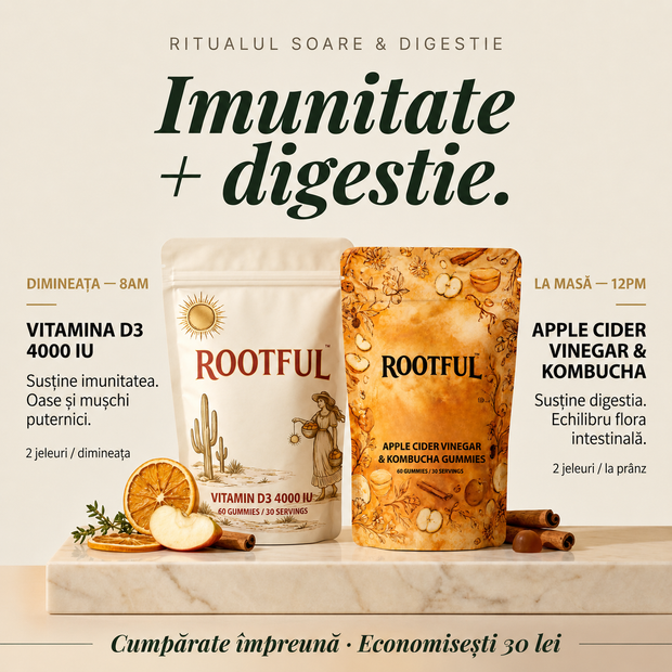 Pachetul ROOTFUL de imunitate și digestie: jeleuri cu vitamina D3 4000 UI și jeleuri cu oțet de mere și kombucha