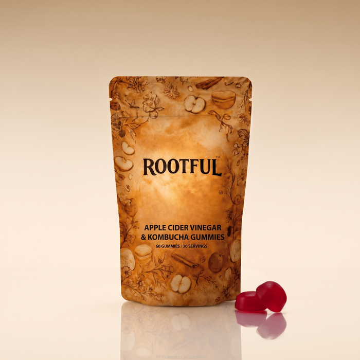 ROOTFUL Apple Cider Vinegar & Kombucha, jeleuri, punga pe fundal crem