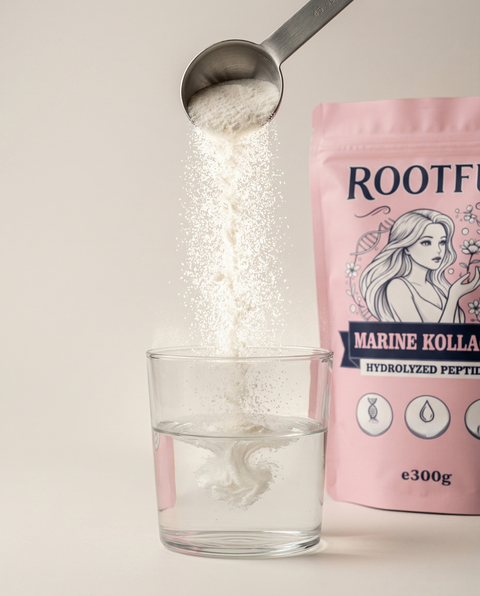 ROOTFUL Marine Kollagen Hydrolyzed Peptides 300g pink pouch with white collagen powder pouring from measuring scoop into glass of water