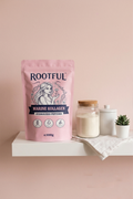 ROOTFUL Marine Kollagen Hydrolyzed Peptides 300g pink pouch on white shelf with collagen powder jar, ceramic pot and succulent on blush background