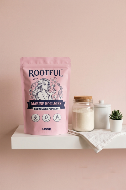 ROOTFUL Marine Kollagen Hydrolyzed Peptides 300g pink pouch on white shelf with collagen powder jar, ceramic pot and succulent on blush background