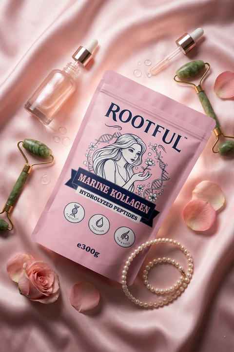 ROOTFUL Marine Kollagen Hydrolyzed Peptides 300g pink pouch with jade roller, rose serum, pearl bracelet and rose petals on pink silk