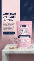 ROOTFUL Marine Kollagen Hydrolyzed Peptides 300g pink pouch on marble surface with hair growth and strength benefit headline advertisement