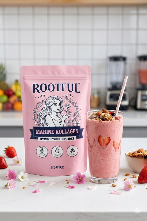 ROOTFUL Marine Kollagen Hydrolyzed Peptides 300g pink pouch with strawberry collagen smoothie, granola, fresh strawberries and flowers on kitchen counter