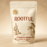 ROOTFUL Vitamin D3 4000 IU Gummies – cream and terracotta desert botanical pouch with cactus and sun illustration, 60 gummies / 30 servings