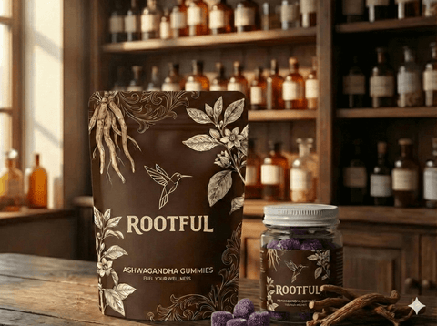 Rootful Ashwagandha Gummies packaging with a wooden shelf of bottles in the background