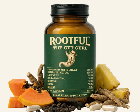 ROOTFUL The Gut Guru digestive supplement capsules 60 capsules with ashwagandha, papaya, pineapple and black pepper on cream background