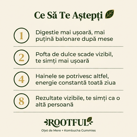 Infografic ROOTFUL — Ce Să Te Aștepți: timeline rezultate Week 1 digestie ușoară, Week 2 poftă de dulce scade, Week 4 hainele se potrivesc altfel, Week 8 rezultate vizibile. Oțet de Mere + Kombucha Gummies.