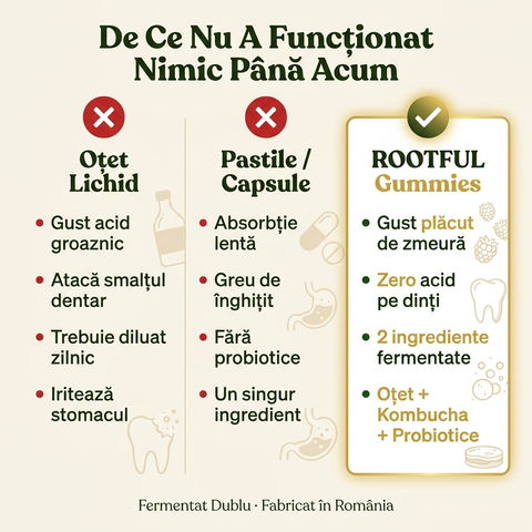 Infografic ROOTFUL — De Ce Nu A Funcționat Nimic Până Acum: comparație Oțet Lichid vs Pastile vs ROOTFUL Gummies cu beneficii și dezavantaje pentru fiecare.