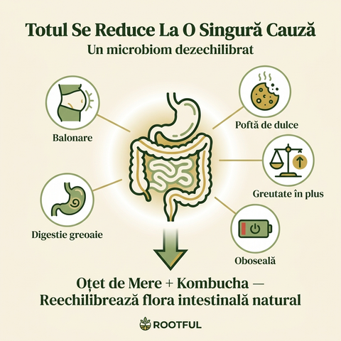 Infografic ROOTFUL — Totul Se Reduce La O Singură Cauză: microbiom dezechilibrat cauzează balonare, poftă de dulce, greutate în plus, oboseală, digestie greoaie. Soluția: Oțet de Mere + Kombucha.