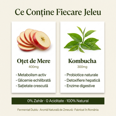 Infografic ROOTFUL — Ce Conține Fiecare Jeleu varianta B: Oțet de Mere 400mg și Kombucha 300mg cu beneficii, stil premium editorial.
