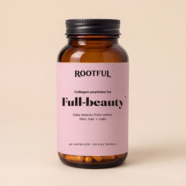 ROOTFUL Full-beauty, capsule cu peptide de colagen, flacon din sticla ambra cu eticheta roz