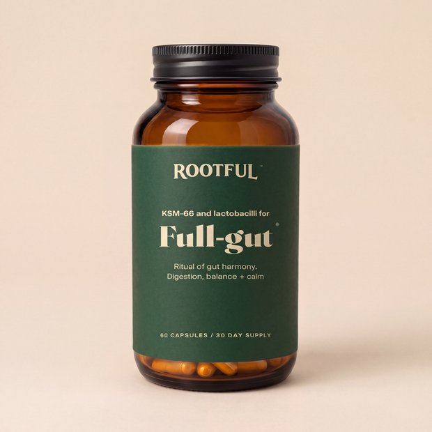 ROOTFUL Full-gut, capsule cu KSM-66 si lactobacili, flacon din sticla ambra cu eticheta verde