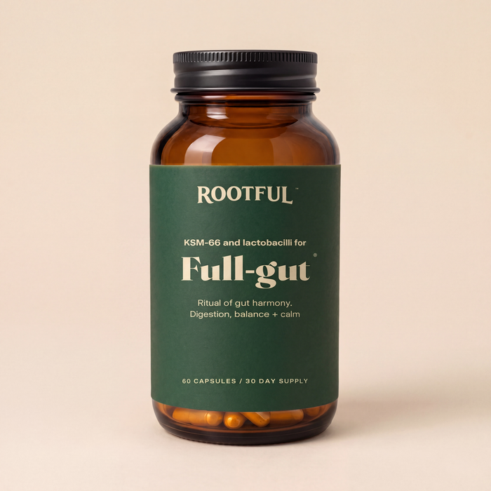 ROOTFUL Full-gut, capsule cu KSM-66 si lactobacili, flacon din sticla ambra cu eticheta verde