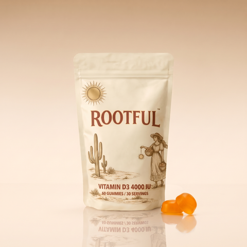 ROOTFUL Vitamin D3 4000 UI, jeleuri, punga pe fundal crem