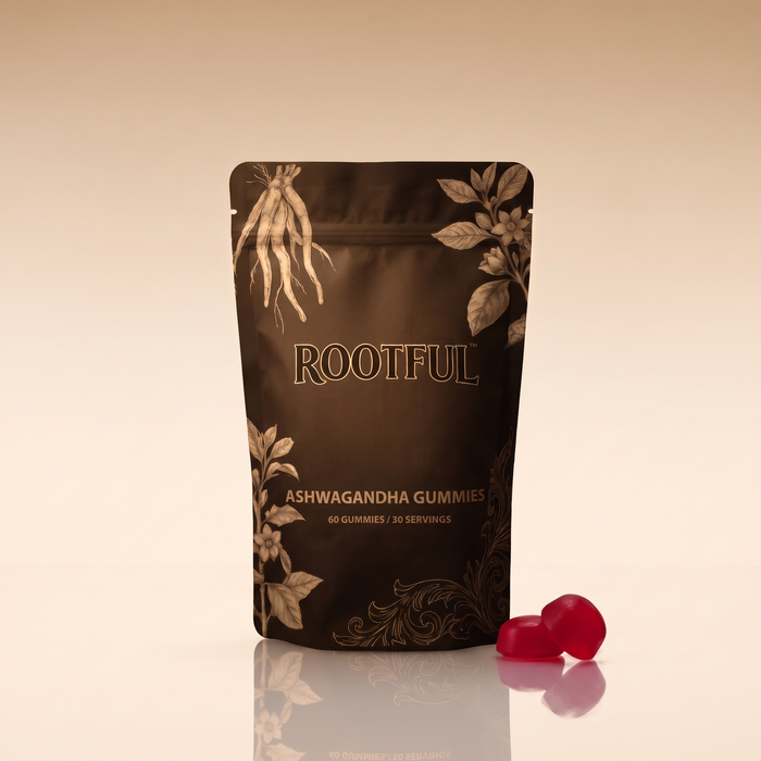 ROOTFUL Ashwagandha KSM-66, jeleuri, punga pe fundal crem