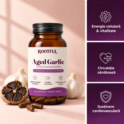 ROOTFUL Aged Garlic cu polen fermentat: energie celulară, circulație sănătoasă, susținere cardiovasculară