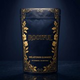 ROOTFUL Melatonin Gummies – dark navy and gold botanical pouch, 60 gummies / 30 servings, deep blue background