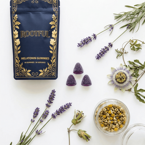 ROOTFUL Melatonin Gummies with lavender sprigs, chamomile flowers, passionflower and gummies ingredient flatlay, top-down view